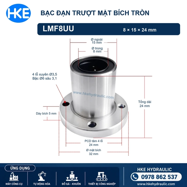 Con trượt tròn LMF8UU mặt bích tròn, kích thước 8x15x24 mm, PCD 24 mm