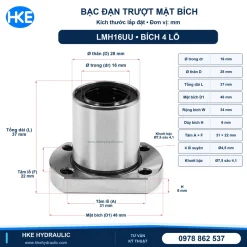 Con trượt tròn LMH16UU mặt bích oval 4 lỗ, kích thước 16x28x37 mm HKE