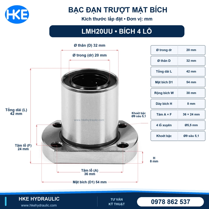 Con trượt tròn LMH20UU mặt bích oval 4 lỗ, kích thước 20x32x42 mm, tâm lỗ 36x24 mm