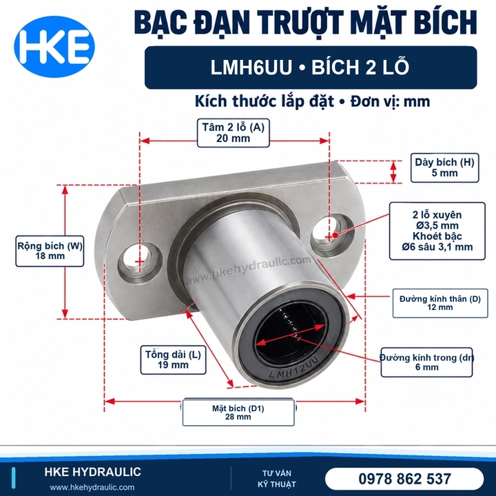 Con trượt tròn LMH6UU mặt bích oval 2 lỗ, bảng kích thước 6x12x19 mm HKE