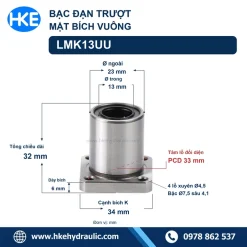 Con trượt tròn LMK13UU 13x23x32 mm, bích 34 mm, PCD 33 mm