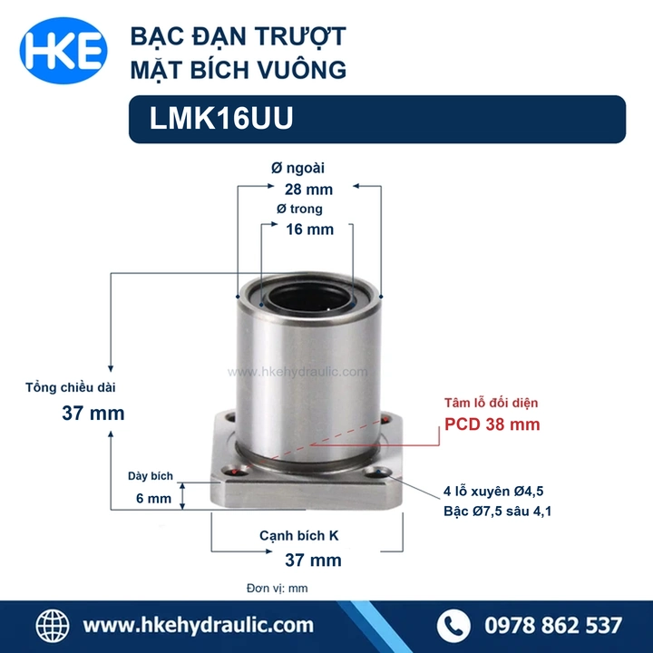 Kích thước LMK16UU bích vuông cạnh 37 mm và PCD 38 mm