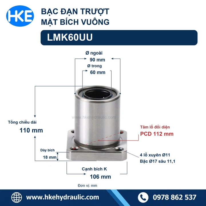 Con trượt tròn LMK60UU 60 × 90 × 110 mm, bích vuông 106 mm, PCD 112 mm