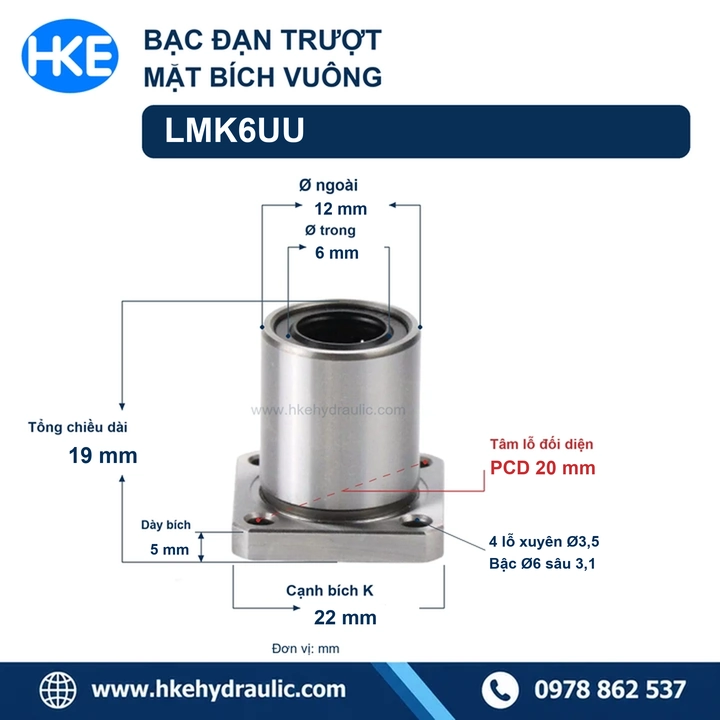 Con trượt tròn LMK6UU 6 × 12 × 19 mm, bích vuông 22 mm, PCD 20 mm